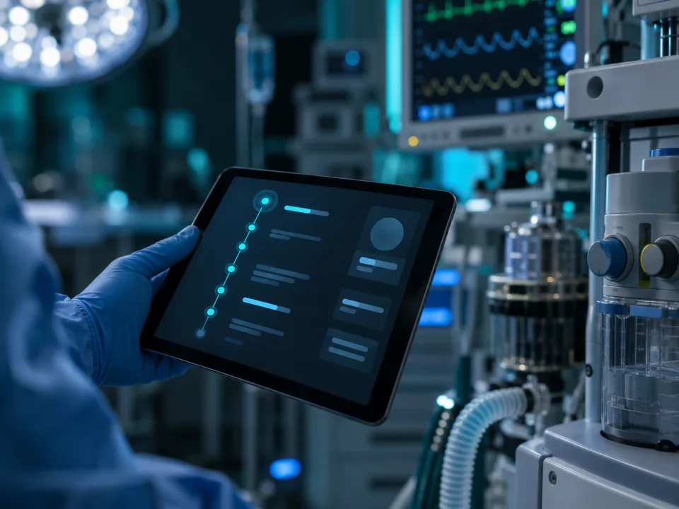 Profesional usando una tablet con una línea de tiempo visual dentro de un pabellón.